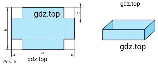 От прямоугольного листа картона со сторонами а см и b см отрезали по углам квадраты со сторонами х см (рис. 8).