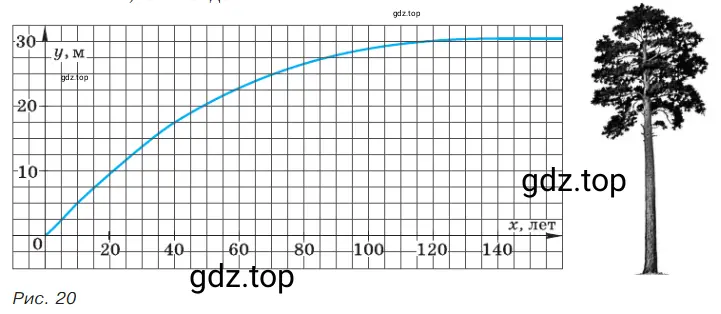 На рисунке 20 показано изменение высоты сосны у (в метрах) в зависимости от её возраста х (в годах).