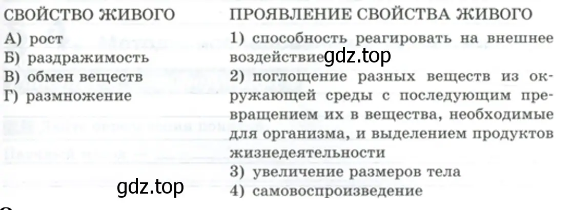 Установите соответствие между свойством живого и его проявлением. - биология 5 класс Пасечник Рабочая тетрадь