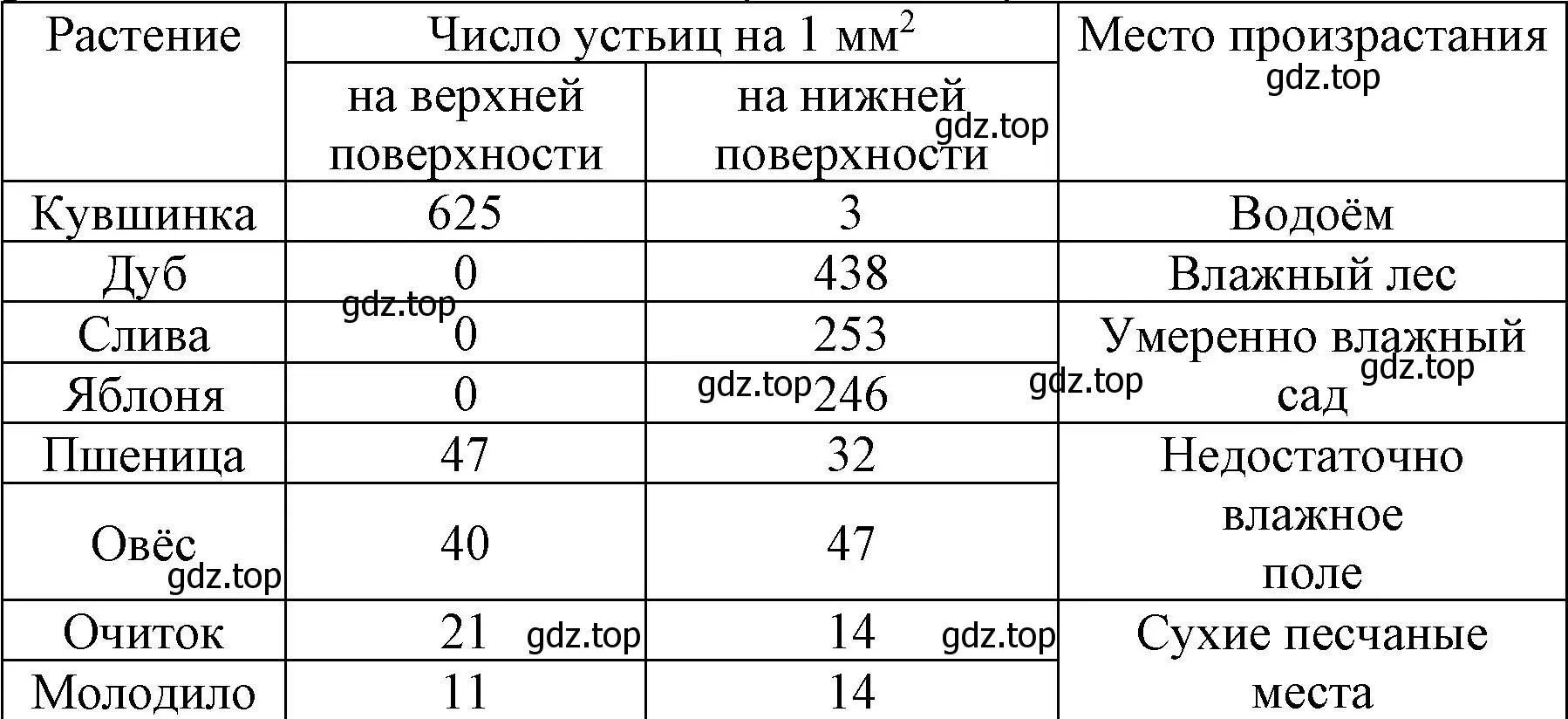 Число устьиц у разных растений на 1 мм2 поверхности листа