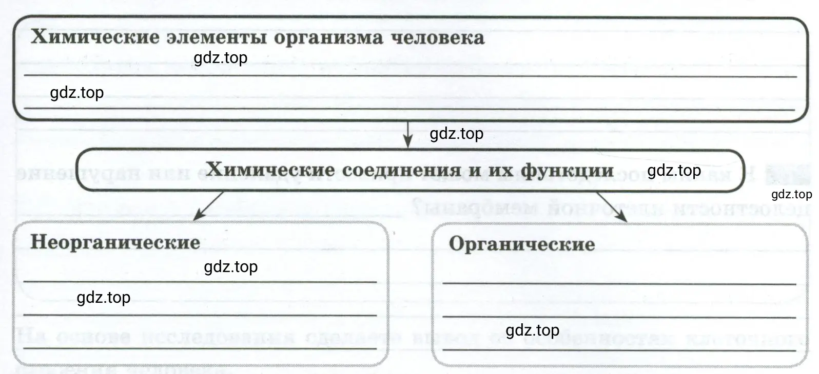 Охарактеризуйте атомно-молекулярный уровень организации, дополнив схему «Химический состав организма человека».