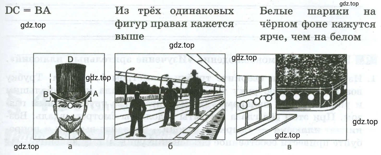 Укажите, какой из трёх типов иллюзий изображён на картинках а, б, в.