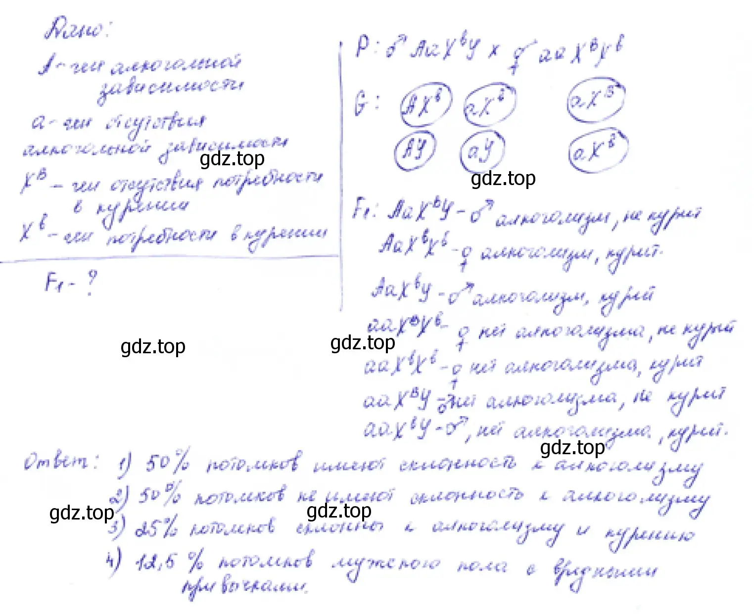 Задача. Алкогольная зависимость определяется доминантным аутосомным геном (А), а потребность в курении табака ━ сцепленным с полом рецессивным геном (b). Курящий и пьющий мужчина женится на женщине, которая не курит и не пьёт. Мужчина гетерозиготен по гену алкоголизма, а женщина гетерозиготна по гену табакокурения.