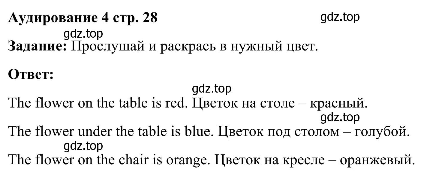 Решение 2.  Аудирование 4 (страница 28) гдз по английскому языку 2 класс Быкова, Поспелова, контрольные задания