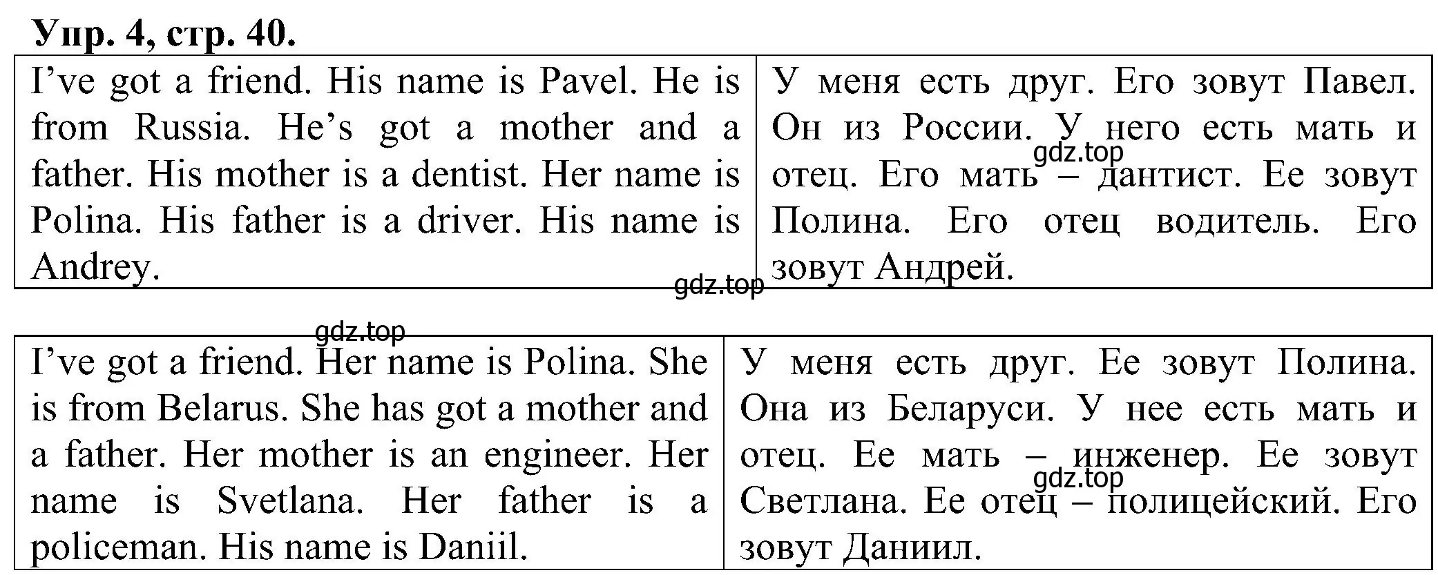 Решение номер 4 (страница 40) гдз по английскому языку 2 класс Верещагина, Бондаренко, рабочая тетрадь