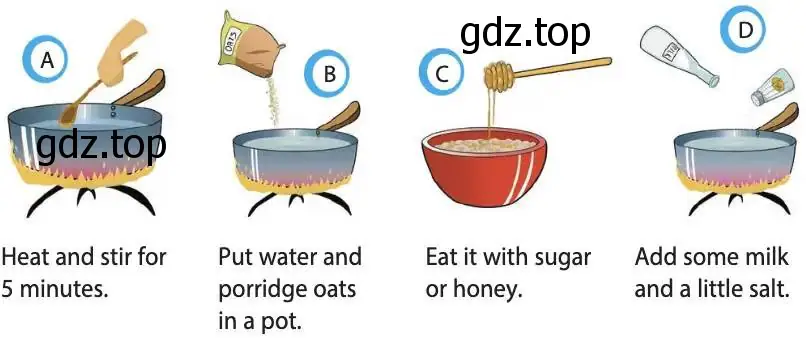 Рисунок. Heat and stir for 5 minutes. Put water and porridge oats in a pot. Eat it with sugar or honey. Add some milk and a little salt.