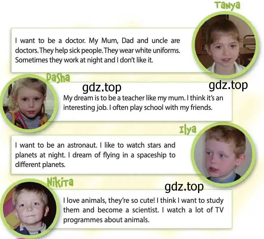 Рисунок. I want to be a doctor. My Mum, Dad and uncle are doctors. They help sick people. They wear white uniforms. Sometimes they work at night and I don’t like it. My dream is to be a teacher like my mum. I think it’s an interesting job. I often play school with my friends. I want to be an astronaut. I like to watch stars and planets at night. I dream of flying in a spaceship to different planets. I love animals, they’re so cute! I think I want to study them and become a scientist. I watch a lot of TV programmes about animals.