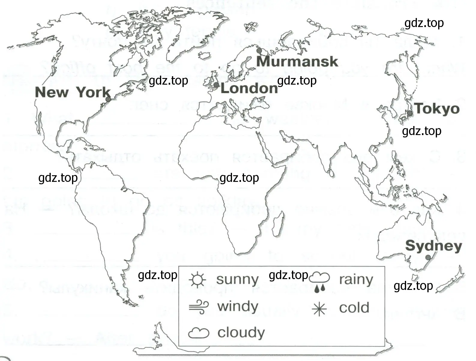 Draw the weather symbols and write what weather it will be tomorrow in these cities