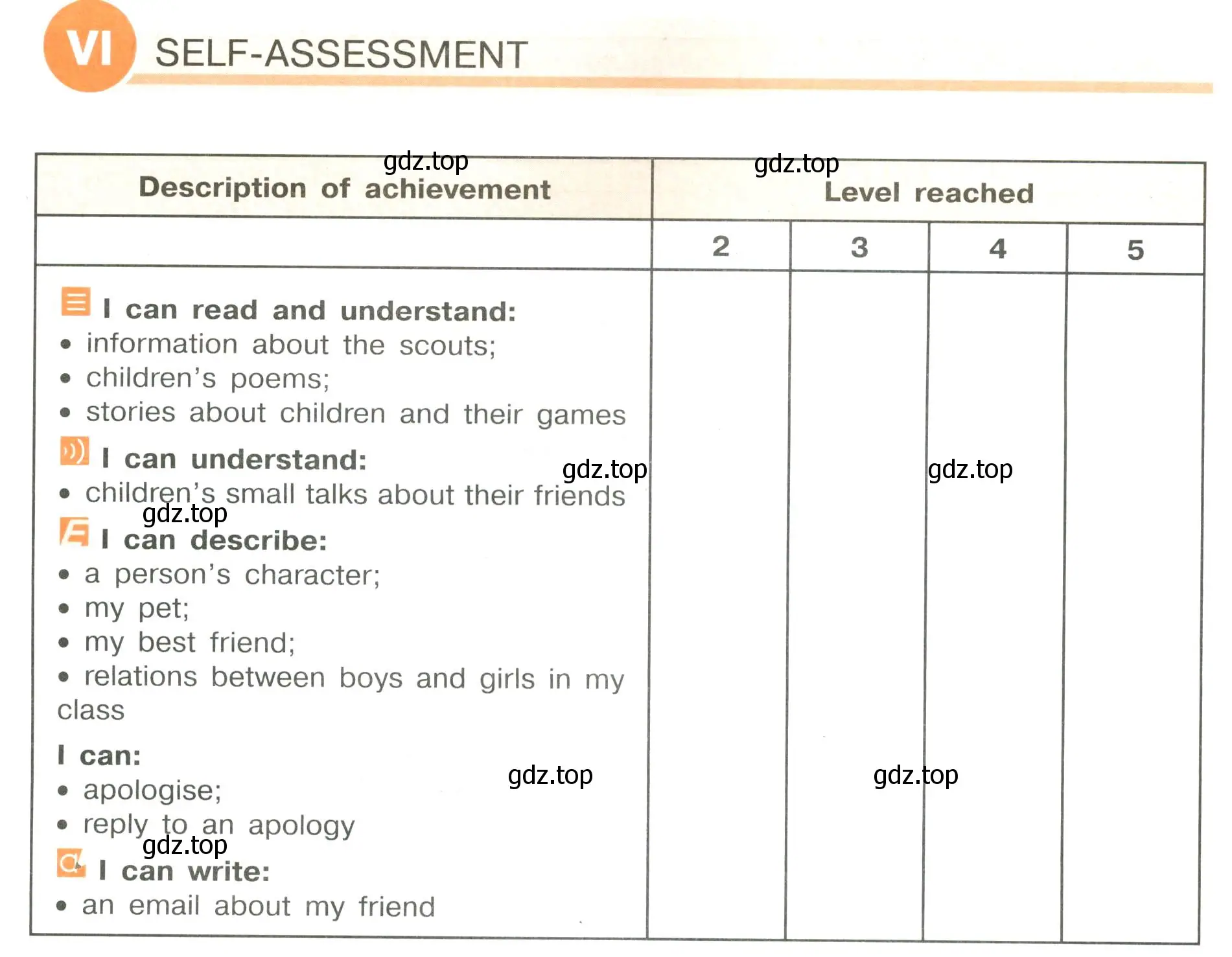 Условие  VI. SELF-ASSESSMENT (страница 32) гдз по английскому языку 6 класс Кузовлев, Лапа, рабочая тетрадь