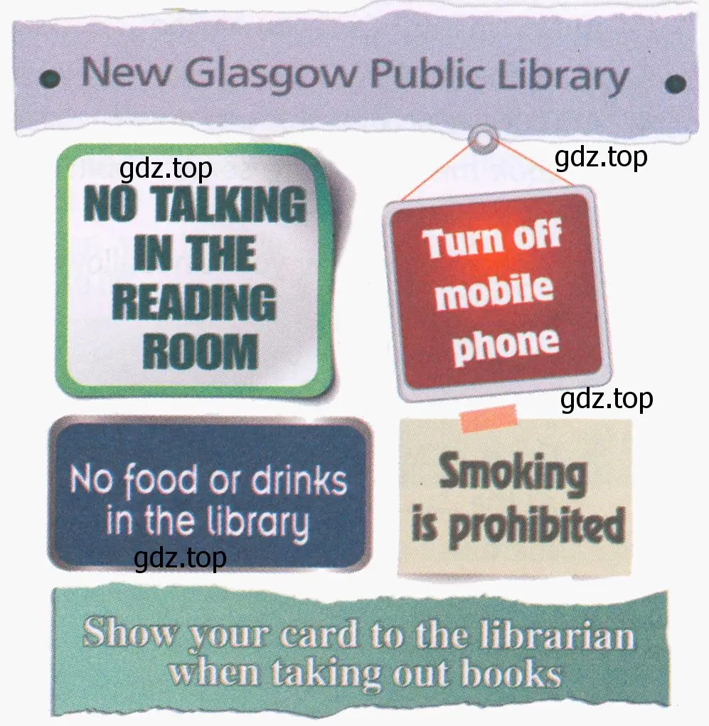 NO TALKING IN THE READING ROOM Turn off mobile phone No food or drinks in the library Smoking prohibited Show vour card to the librarian when taking out books