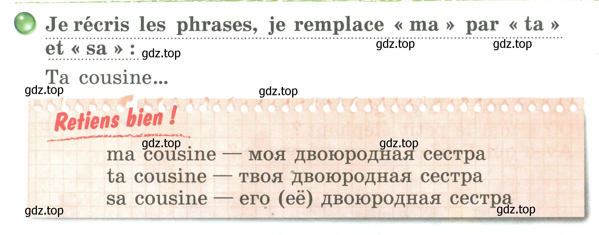 Условие номер Je recris les phrases, je remplace « ma » par « ta » et « sa » (страница 41) гдз по французскому языку 2 класс Кулигина, Кирьянова, учебник