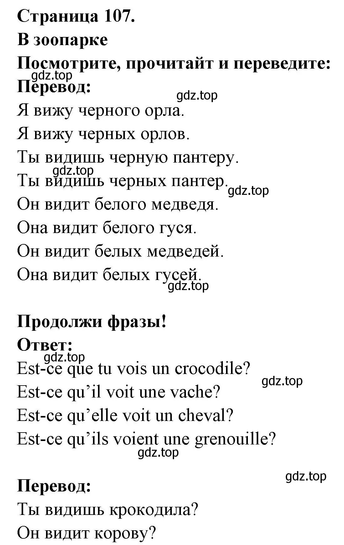 Решение номер AU ZOO (страница 107) гдз по французскому языку 2 класс Кулигина, Кирьянова, учебник