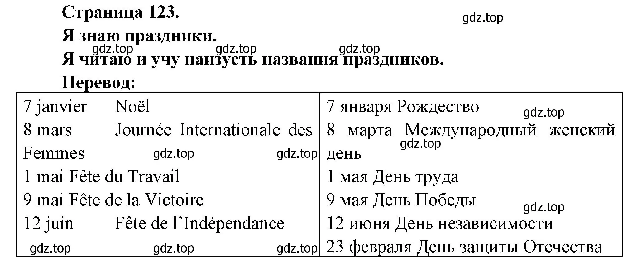 Решение номер JE CONNAIS NOS FETES (страница 123) гдз по французскому языку 2 класс Кулигина, Кирьянова, учебник