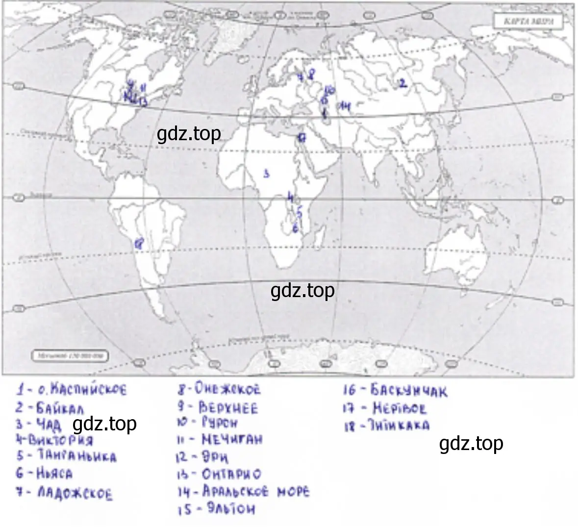  На контурную карту нанесите озёра: Каспийское, Байкал, Чад, Виктория