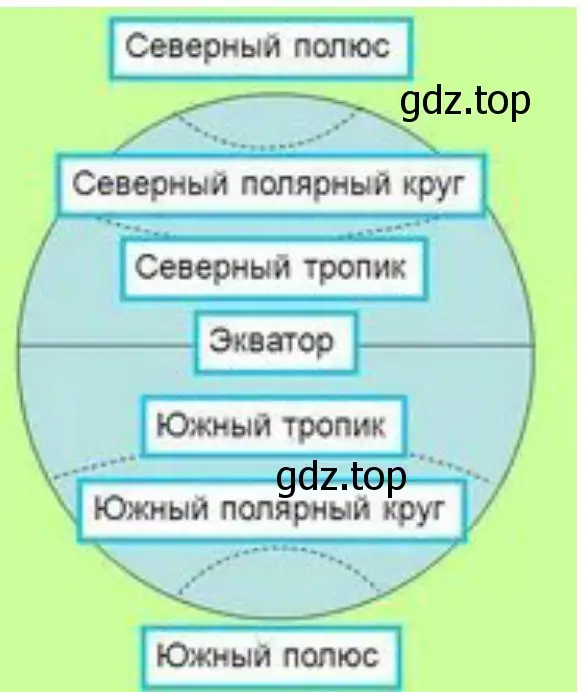 Нарисовать и подписать экватор, тропики, полярные круги. Показать Северный и Южный полюсы