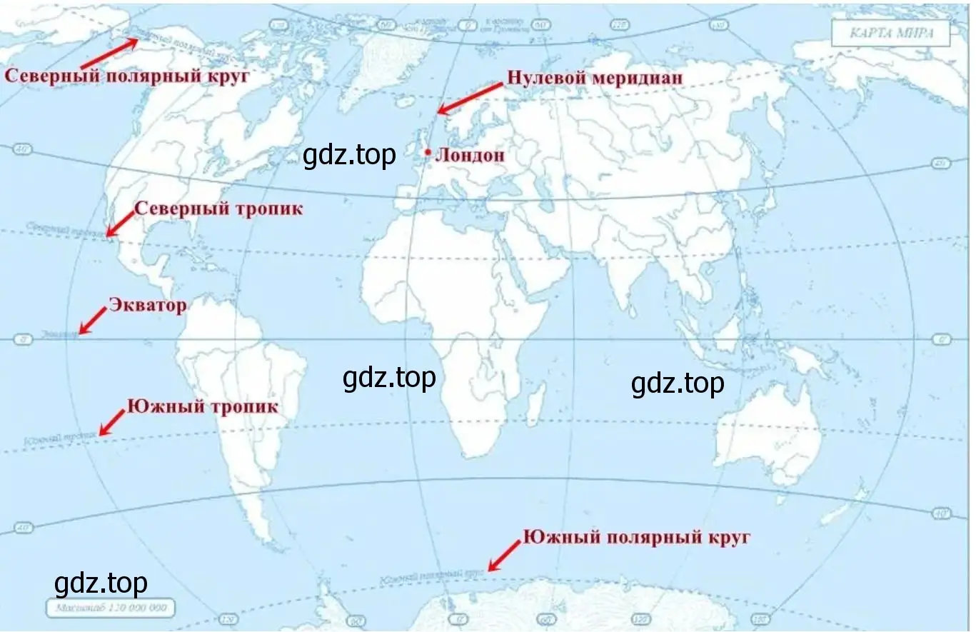 На карте полушарий найдите экватор, Северный и Южный тропики