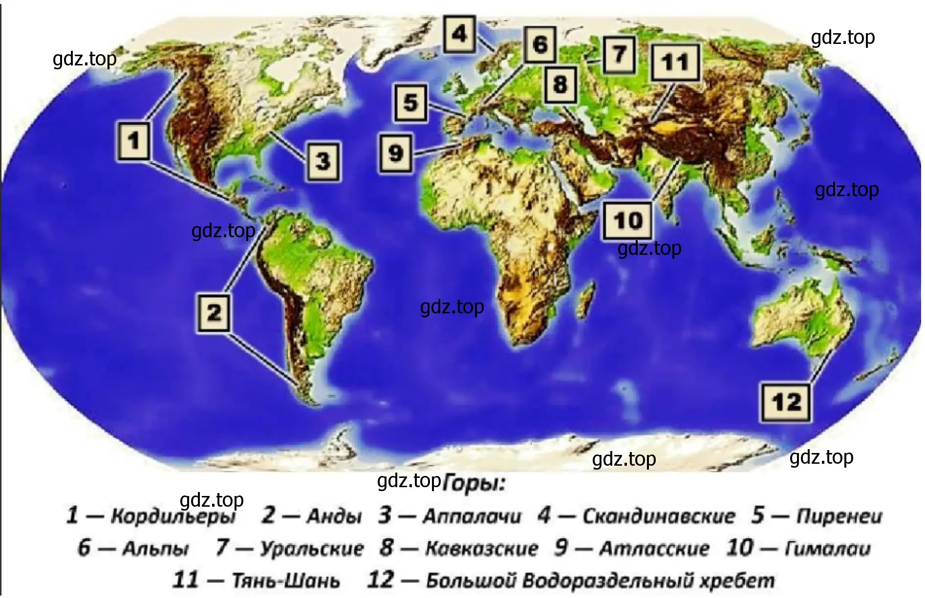 Найдите на карте горы: Кавказ. Альпы, Анды