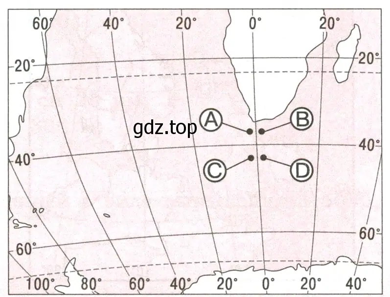 Какой буквой на карте обозначена точка с координатами 37° ю. ш. и 2° з. д.?