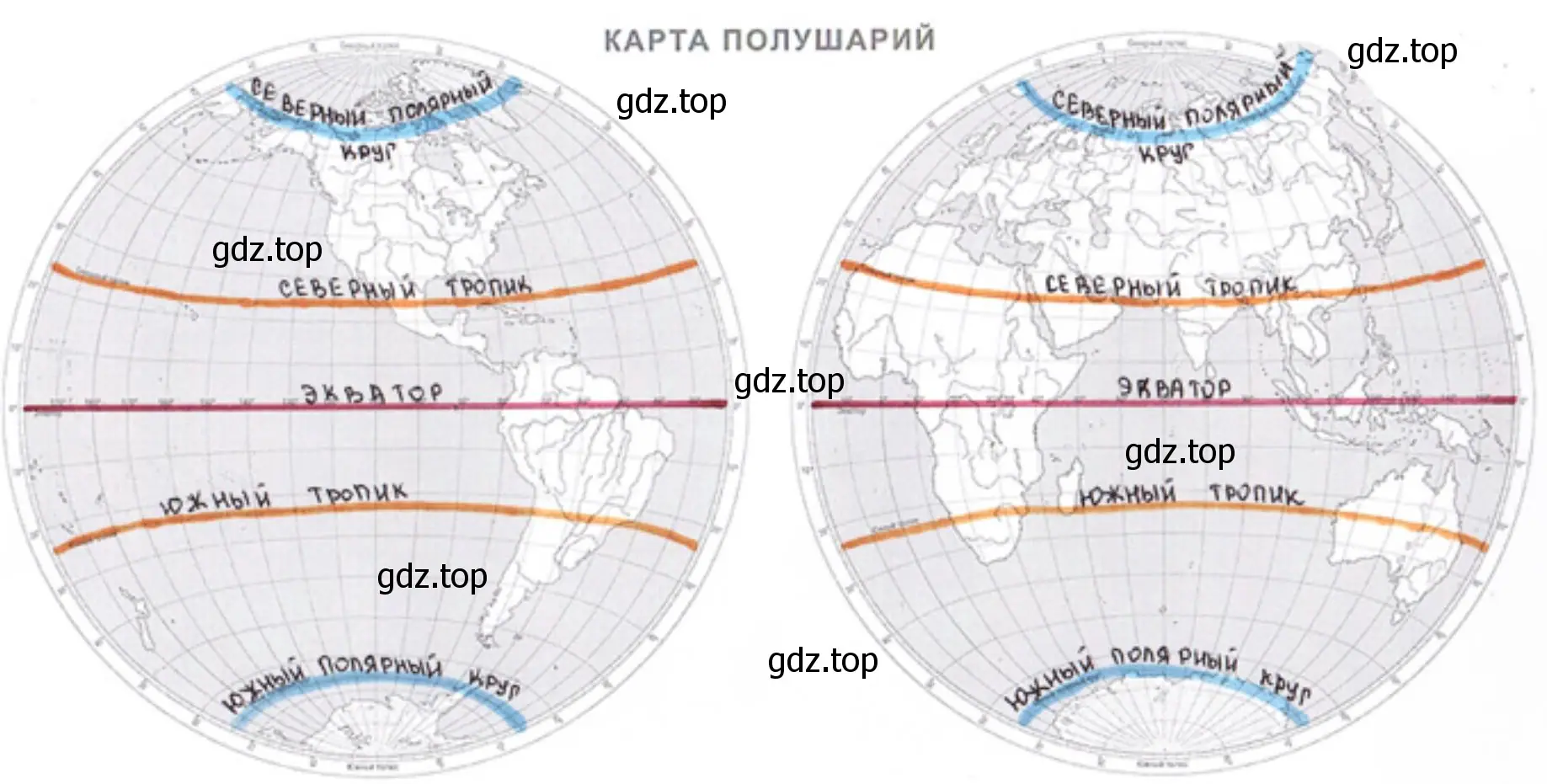 На контурной карте полушарий разными цветами покажите экватор, тропики и полярные круги