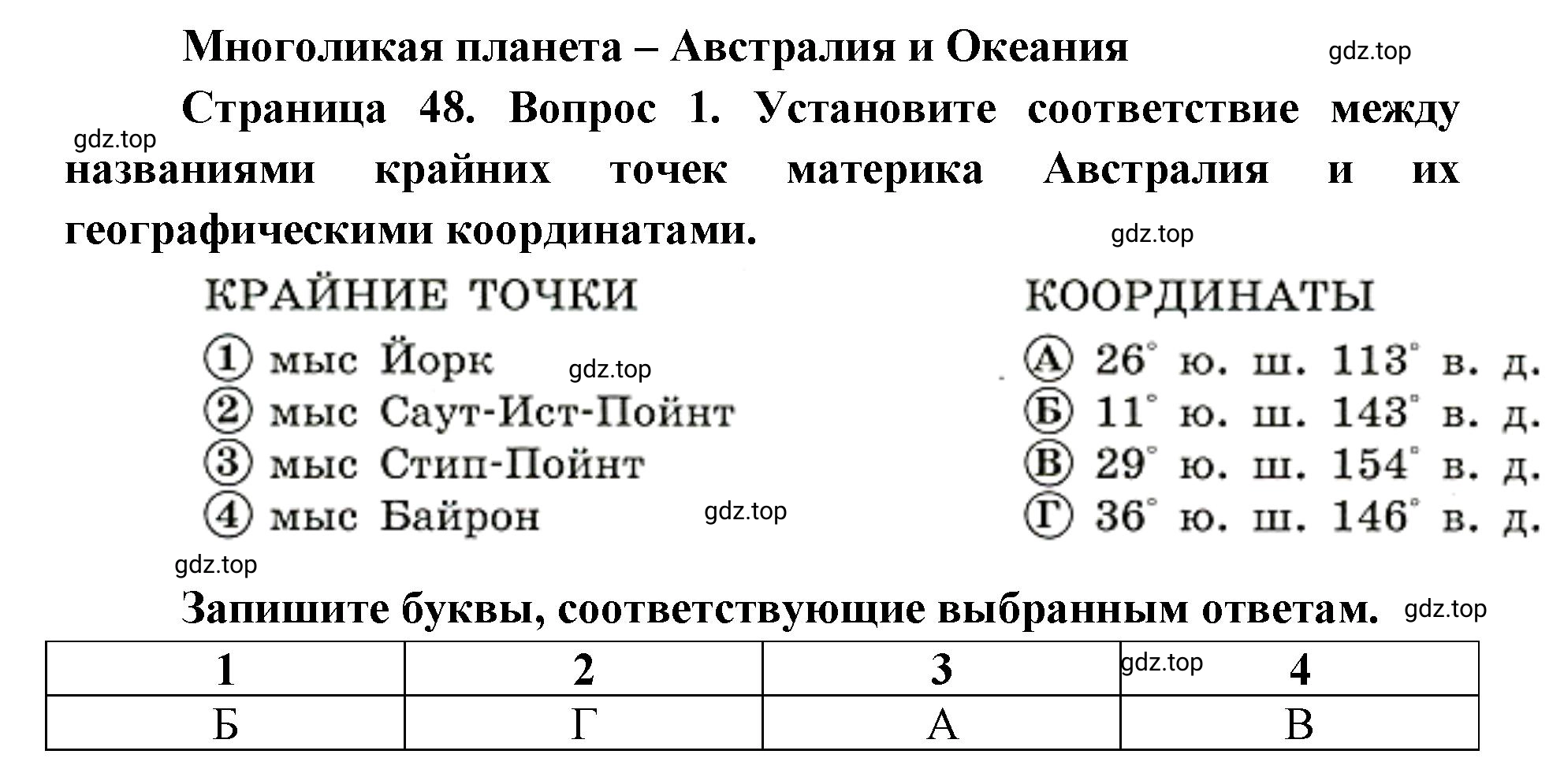 Решение номер 1 (страница 48) гдз по географии 7 класс Мишняева, Котляр, тетрадь-тренажёр