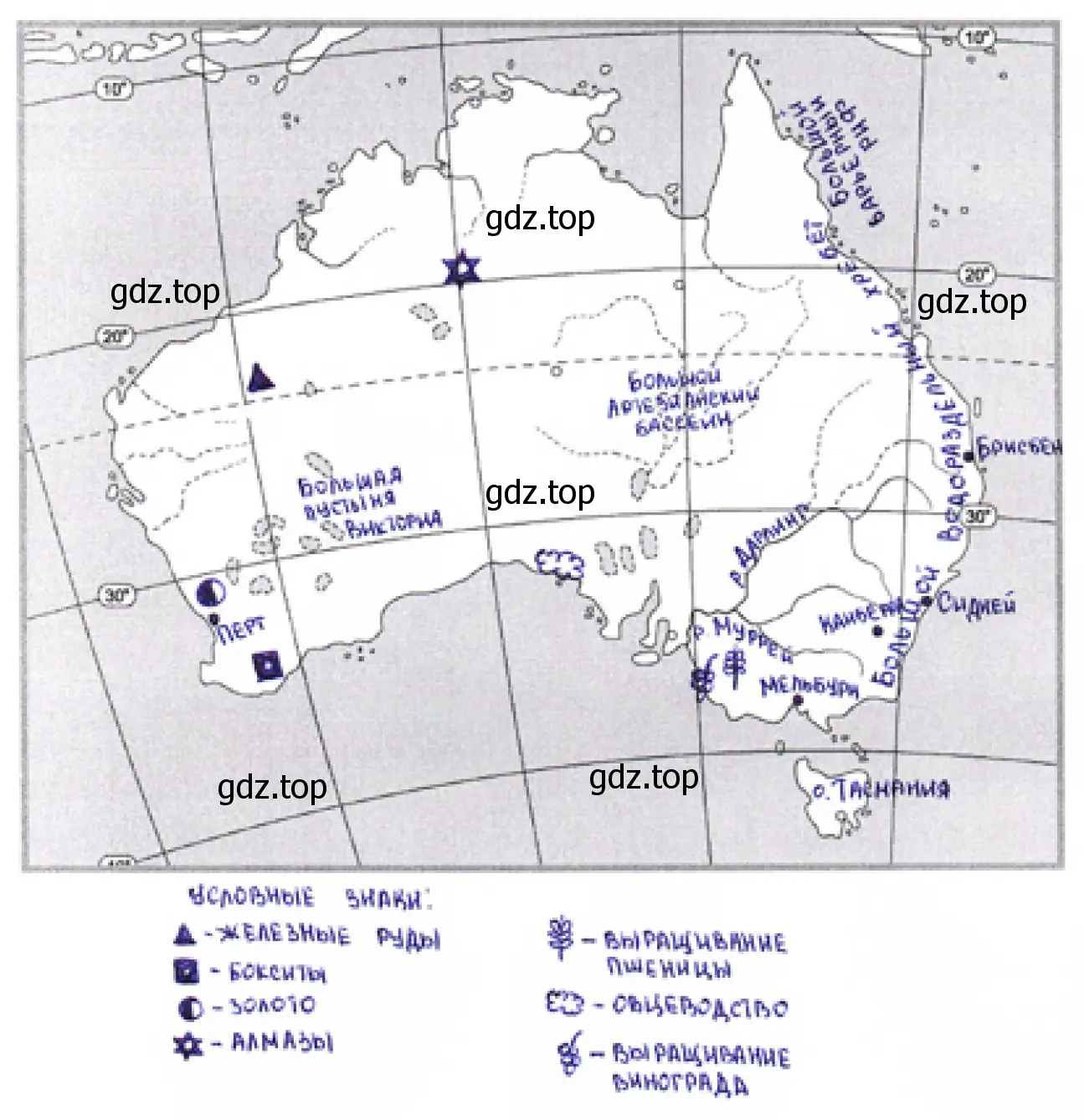 Рисунок. Районы добычи руд и алмазов; выращивания пшеницы и винограда; овцеводства. Контурная карта Австралии.