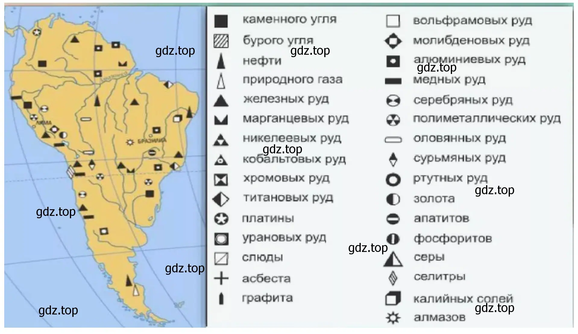 Рисунок. Полезные ископаемые Южной Америки. Контурная карта.