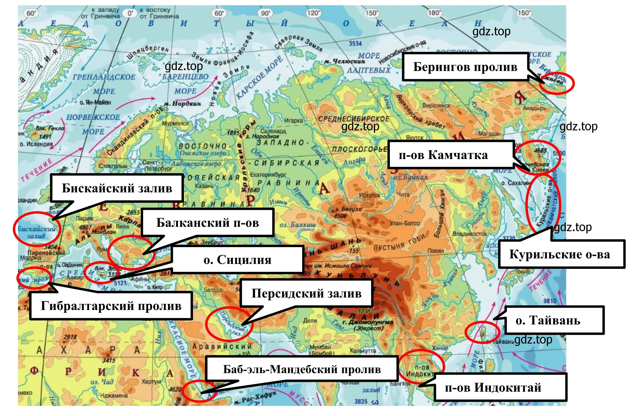 Рисунок. Проливы, заливы, острова и полуострова Евразии. Физическая карта Евразии.