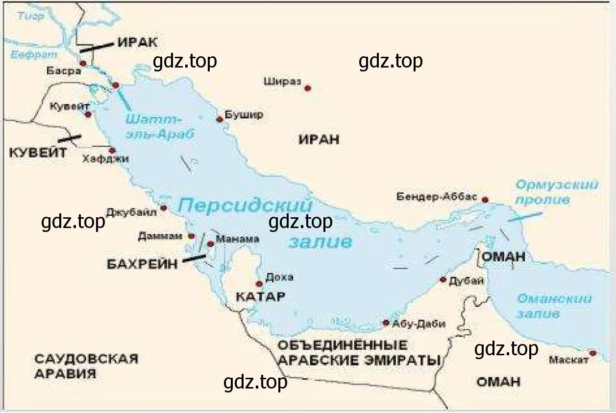 Рисунок. Страны Персидского залива, богатые нефтью и газом. Персидский залив и проливы, отделяющие Европу от Азии.