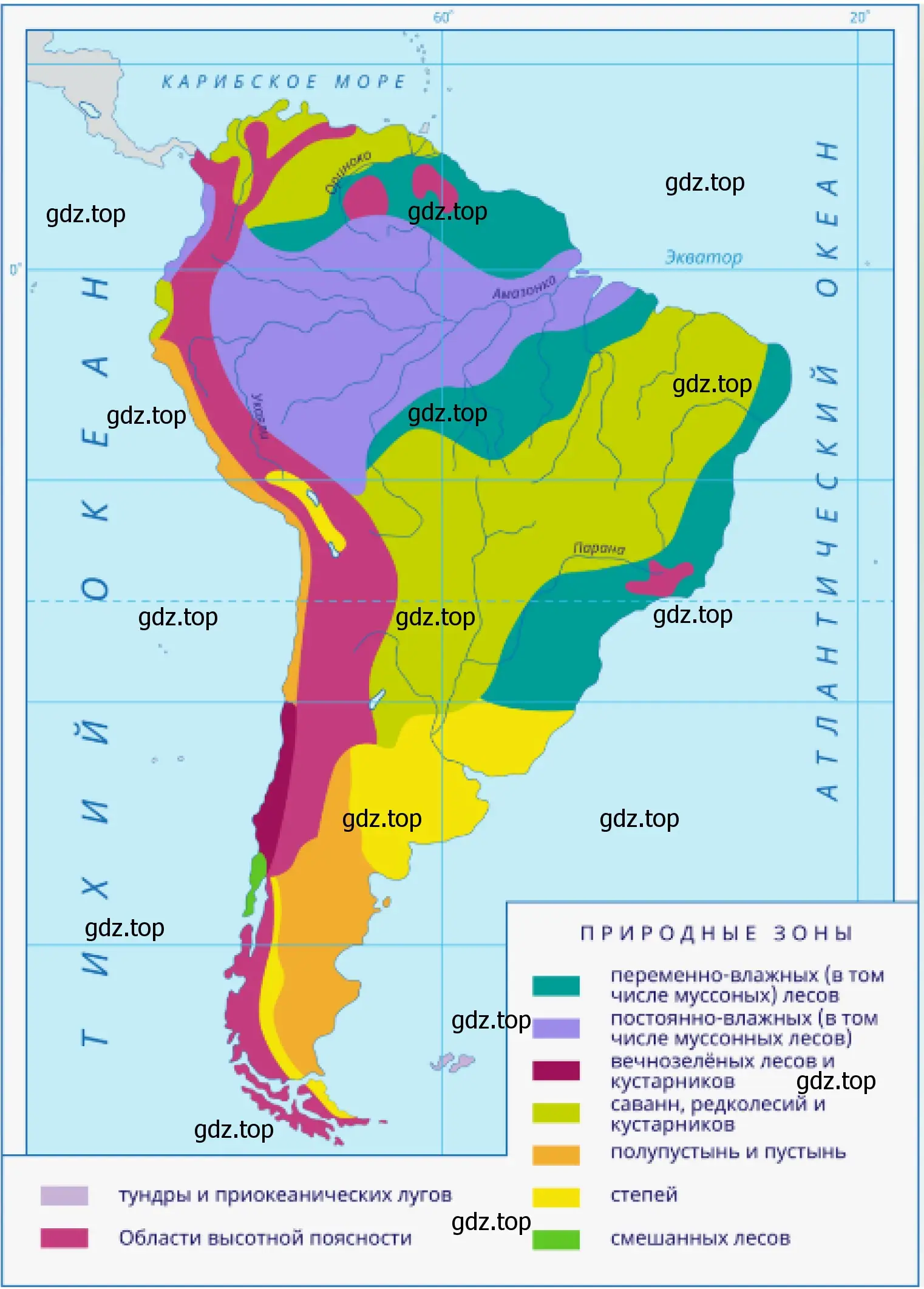 Природные области Южной Америки на контурной карте