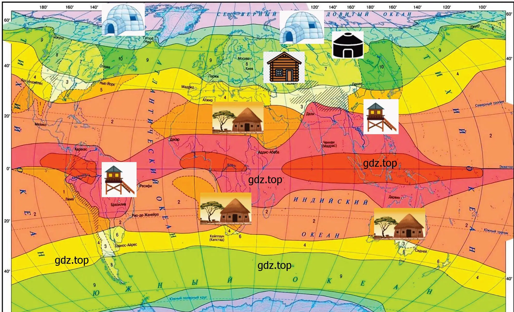 Рисунки-схемы жилищ людей, подтверждающие влияние на них климата в разных частях света