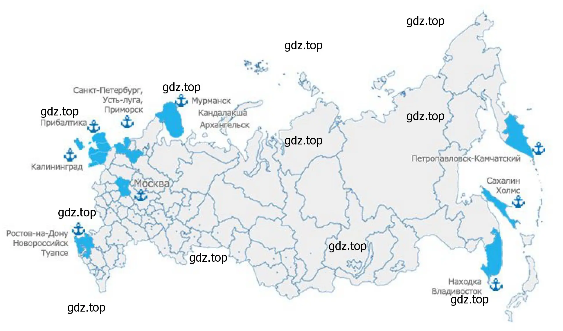 Рисунок. Крупнейшие морские порты России. Контурная карта России.