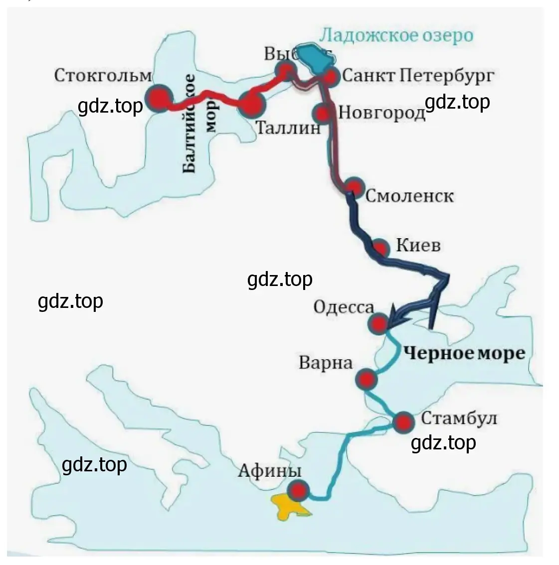 Рисунок 1. Маршрут который можно проплыть из Балтийского моря в Каспийское или в Чёрное.