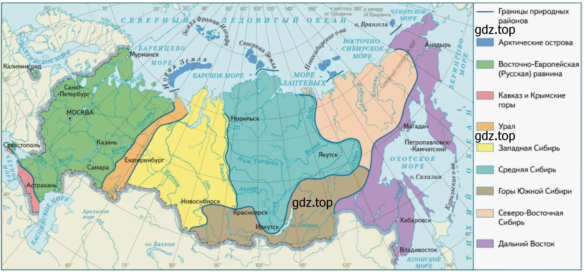 Рисунок. Природные-территориальные комплексы Росси. Контурная карта России.