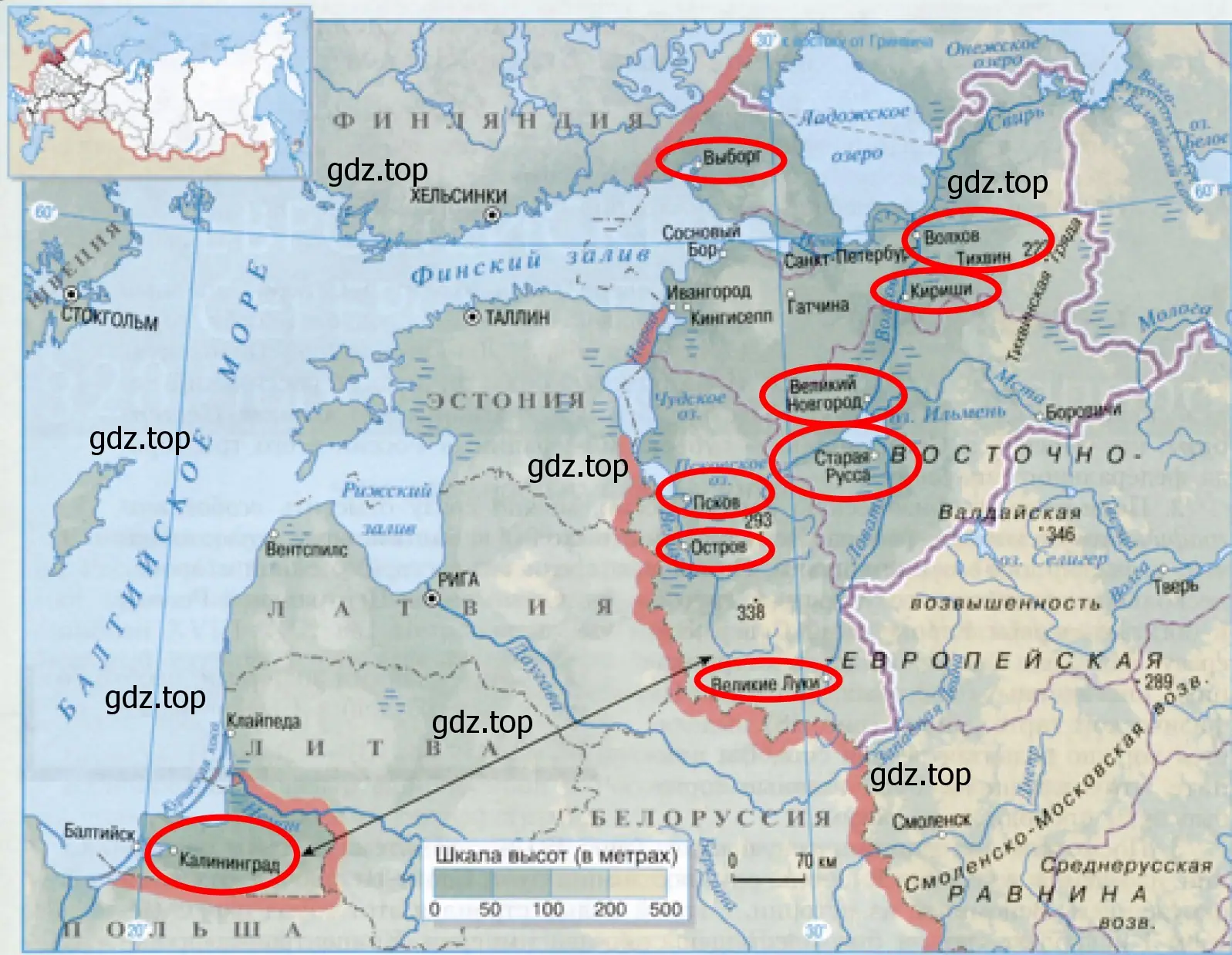 Рисунок. Города на физической карте : Псков, Великий Новгород, Кириши, Великие Луки, Остров, Тихвин, Старую Руссу, Волхов, Выборг, Калининград.