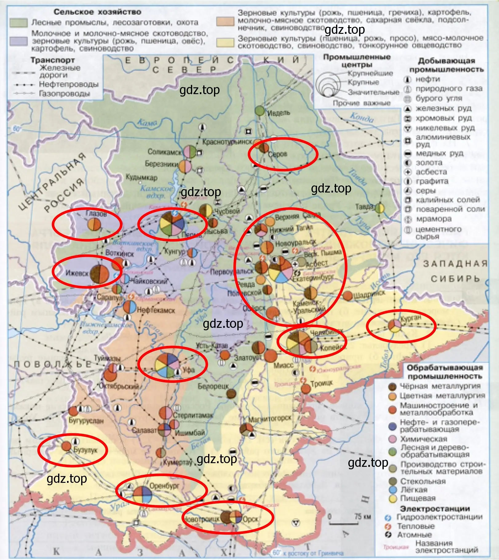 Рисунок. Города - промышленные центры Урала. Экономическая карта Урала.