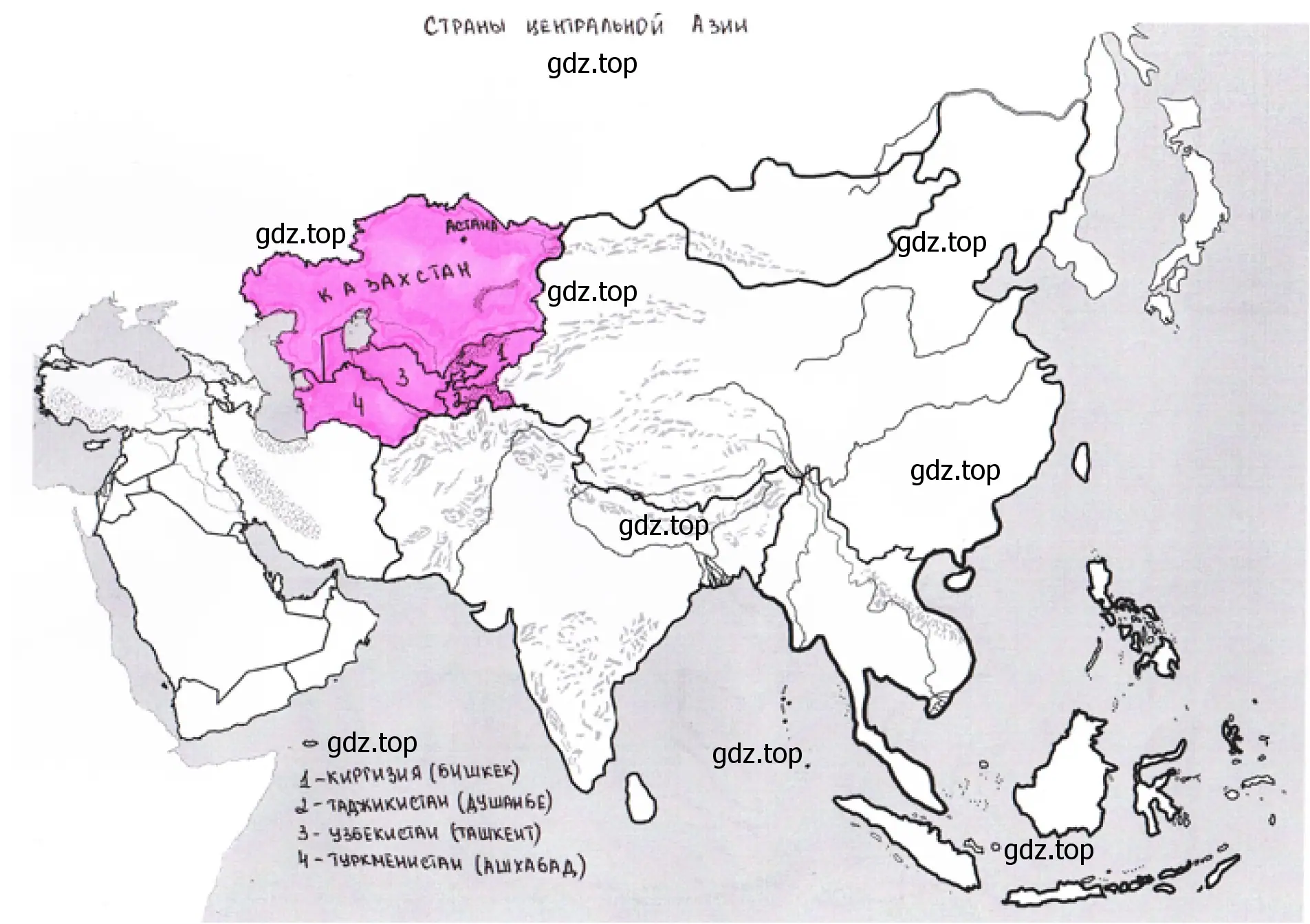 Рисунок. Контурная карта. Страны Центральной Азии.