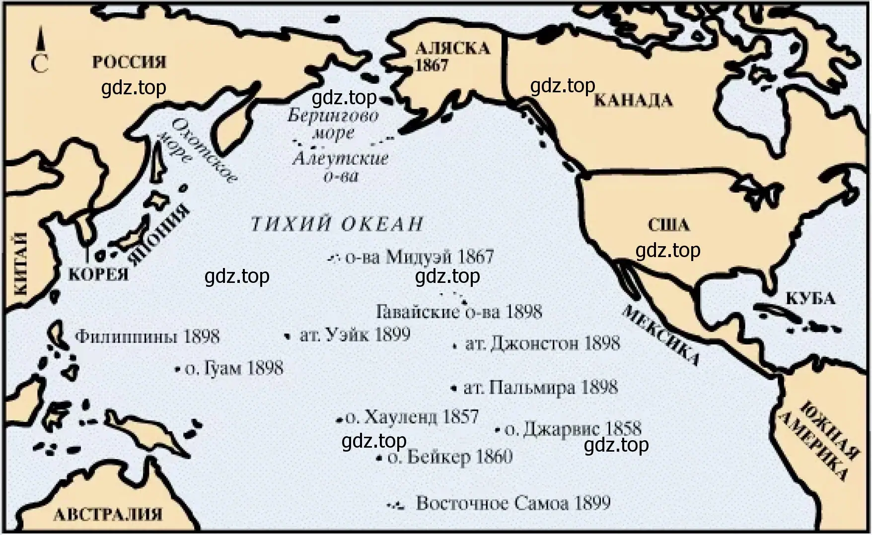 Рисунок. Контурная карта. Владения США в Тихом океане, 1860-1910г.