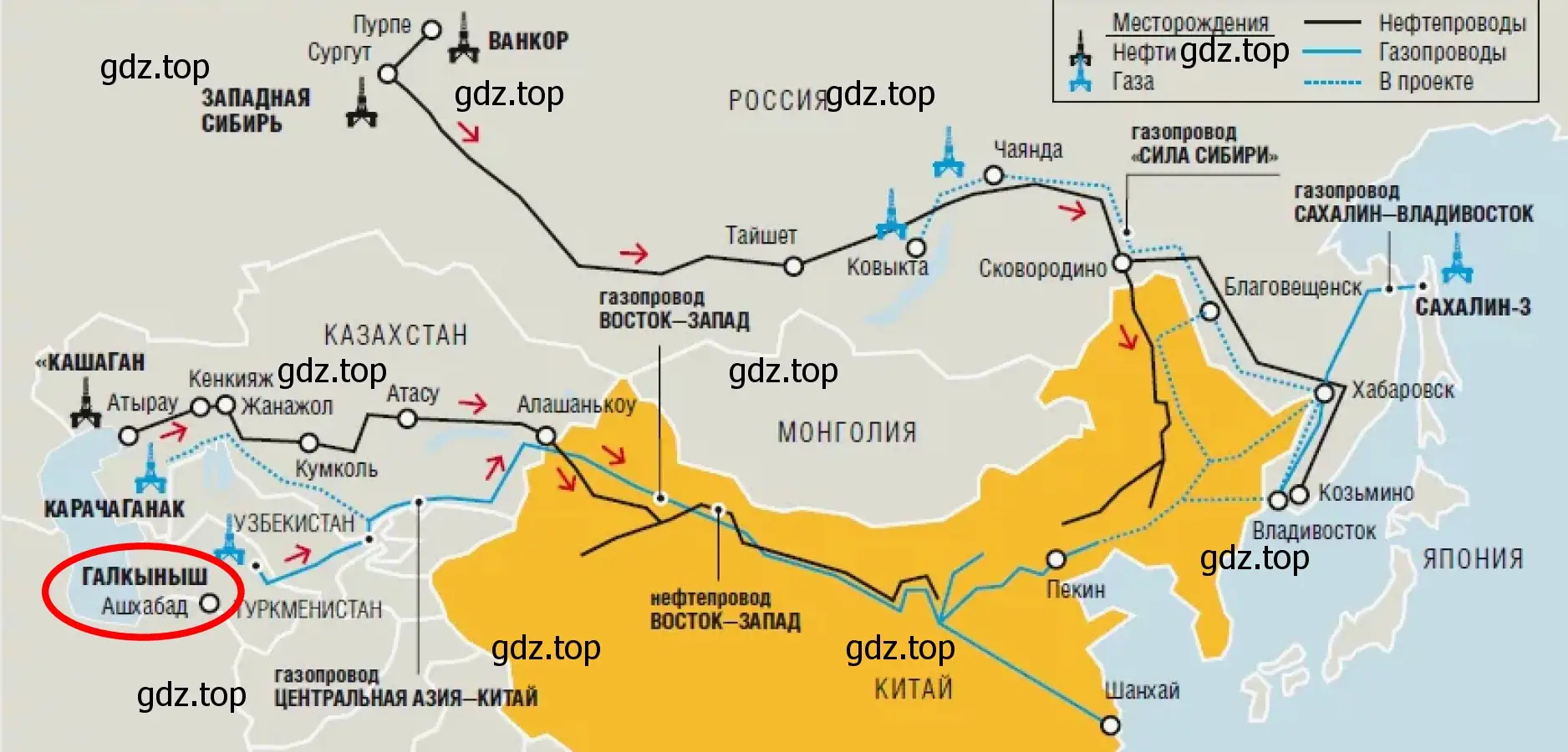 Рисунок. Карта. Трубопроводы из стран СНГ в Китай, построены в поствоенные годы или проектируемые.