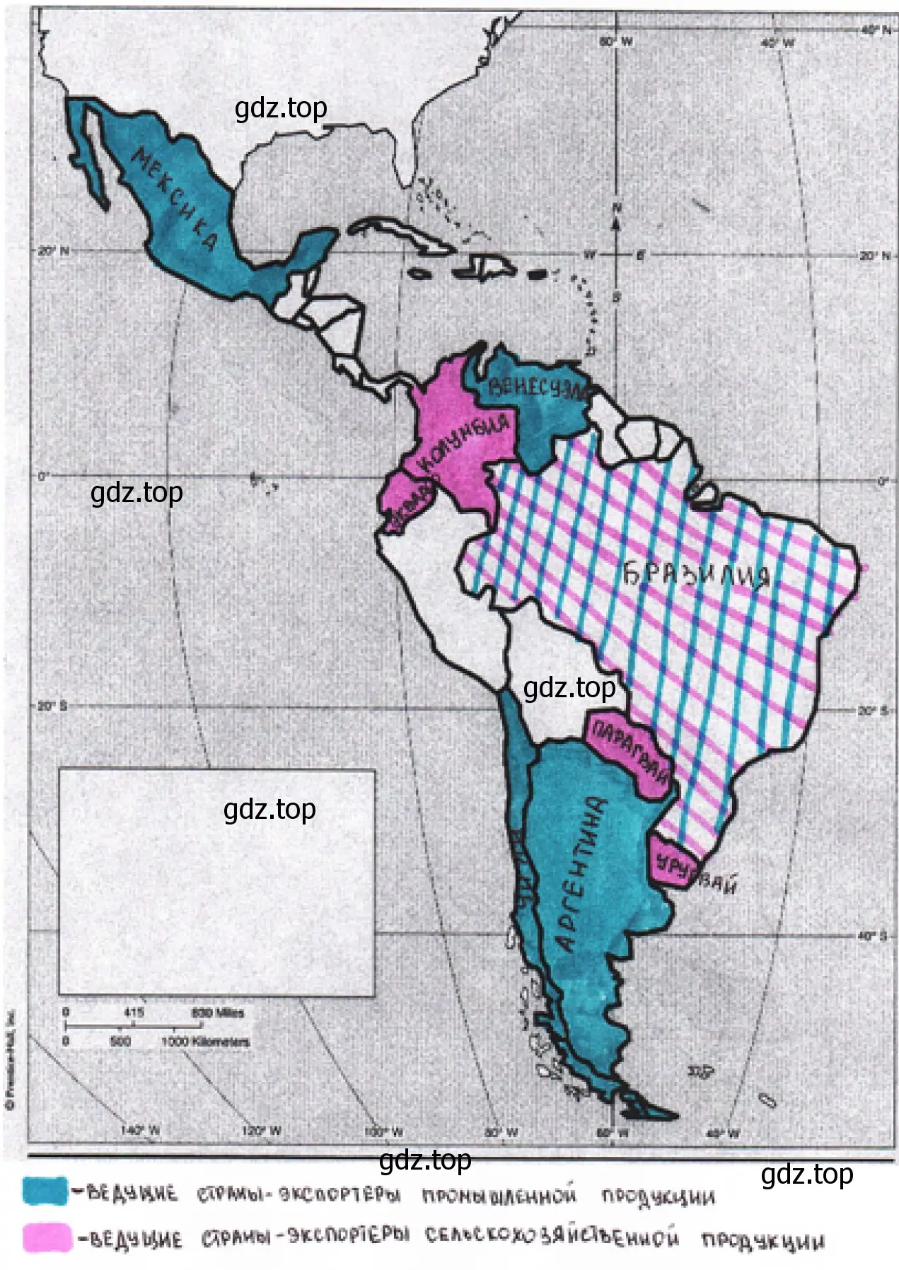 Рисунок. Контурная карта Латинской Америки её крупные регионы; обозначьте ведущие страны-экспортёры.