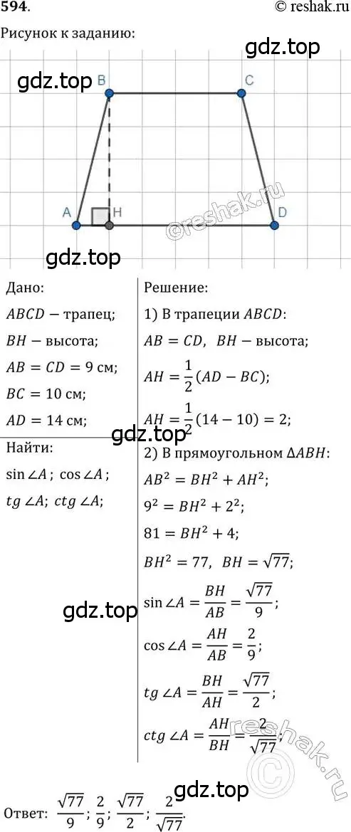 Решение 2. номер 594 (страница 126) гдз по геометрии 8 класс Мерзляк, Полонский, учебник