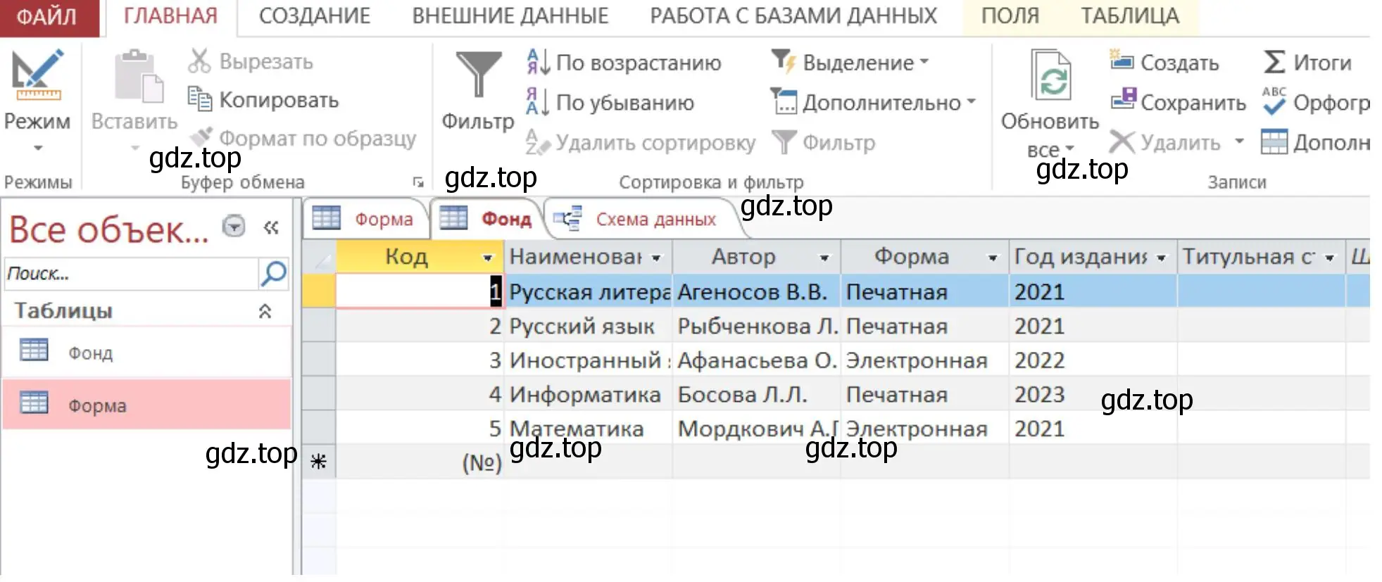 С помощью СУБД создать БД «Мои учебники», содержащую две таблицы