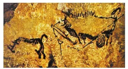 Рисунок. Сцена с раненым бизоном и охотником. Рисунок первобытного человека в пещере Ласко
