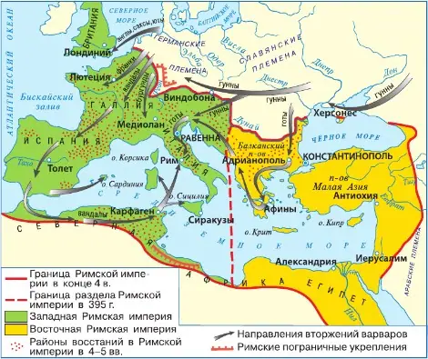 Рисунок. Разделение Римской империи и вторжения варваров