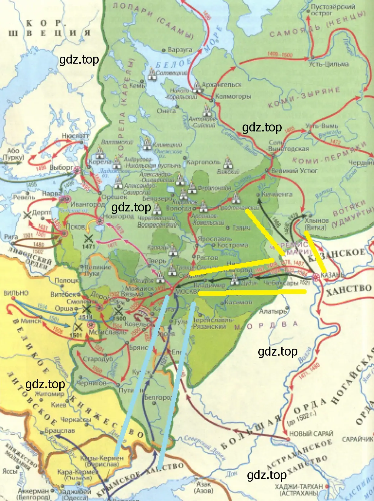 Направления и даты походов войск Казанского и Крымского ханства на русские земли