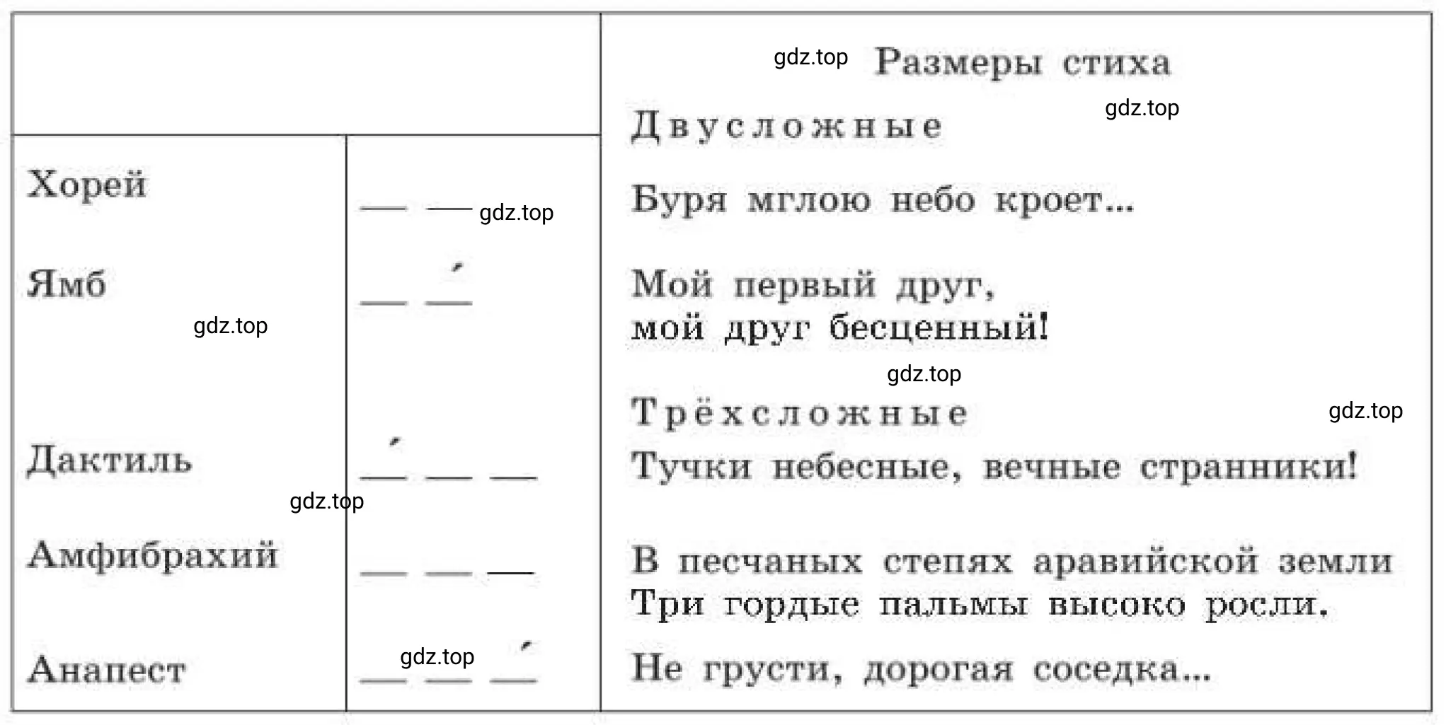 Запомните названия стихотворных размеров и их схемы. Рассмотрите таблицу. Назовите авторов приведённых строк.