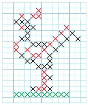 Нарисуй такого петушка в тетради по клеткам. Используй рисунок крестиком, как в вышивке.