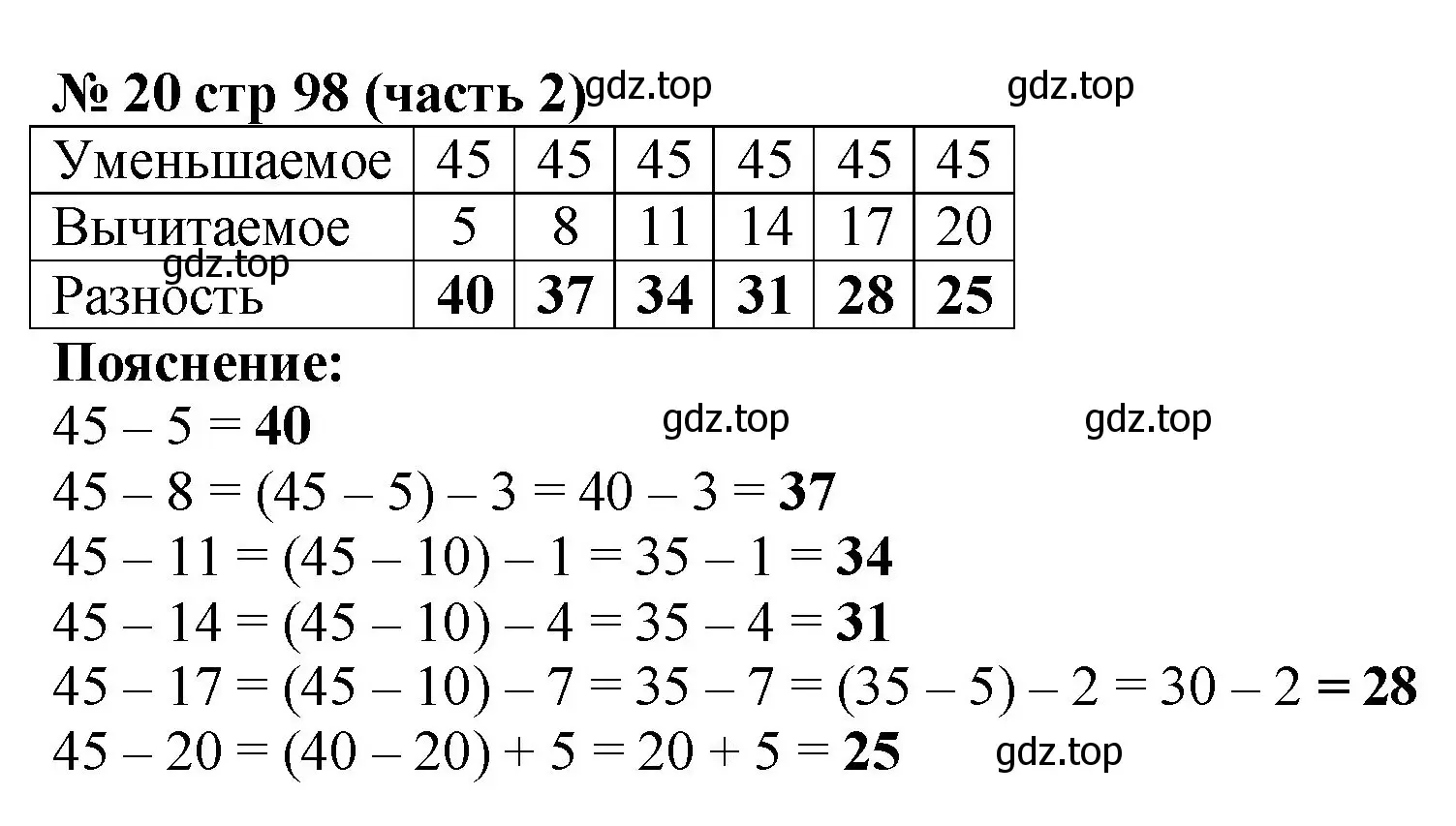Решение номер 20 (страница 98) гдз по математике 2 класс Моро, Бантова, учебник 2 часть