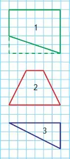 1) Какую фигуру получили, когда четырёхугольник 1 дополнили треугольником? Начерти фигуры 2 и 3. Дополни каждую из них до прямоугольника. 2) Определи, не вычисляя, периметр какого прямоугольника самый большой. Почему?