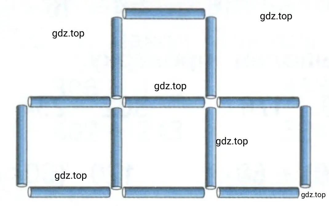 1) Как убрать 1 палочку, чтобы осталось 3 квадрата? 2) По тому же рисунку скажи, как добавить 2 палочки, чтобы получилось 5 одинаковых квадратов.