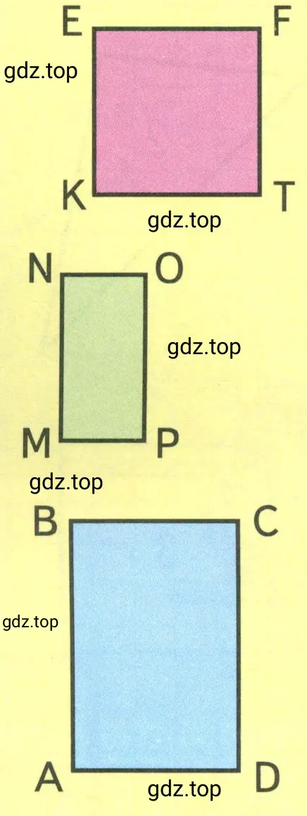 Сравни площади прямоугольников ABCD и MNOP, MNOP и EFTK. У какой фигуры 4 оси симметрии?